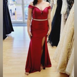 Long red, burgundy off the shoulder maxi dress